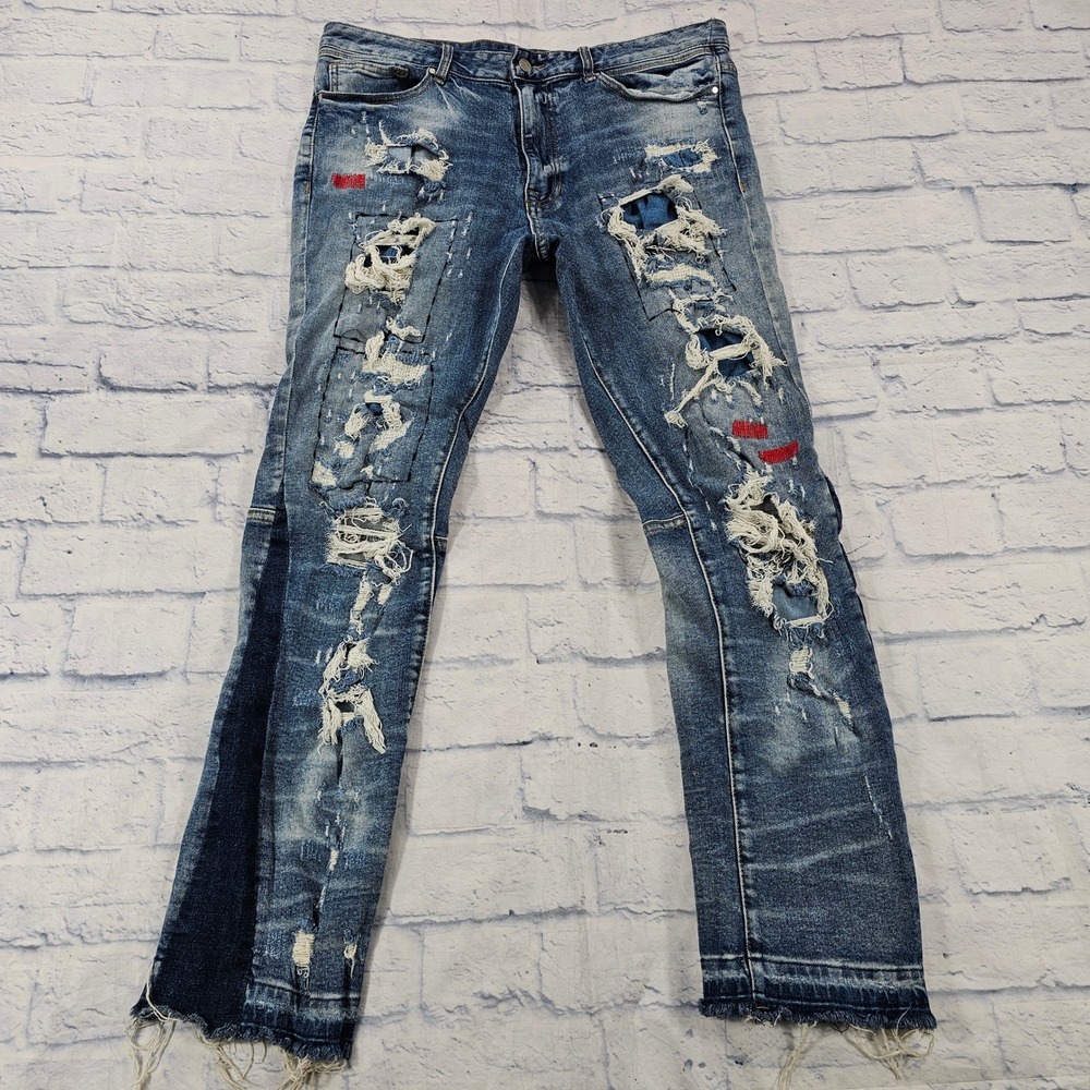 First Row Distressed Patchwork Jeans Mens 36X32 Blue Straight Heavy Frayed Denim